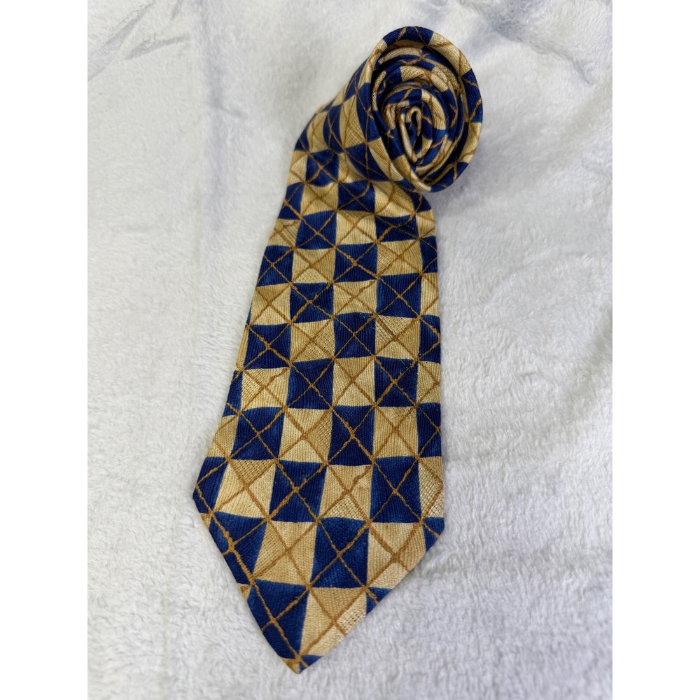 Ermenegildo Zegna Silk Tie Mens OS Blue Gold Geometric Diamond Italian Made